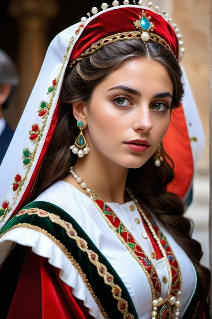 Prompt: Ultra realistic photography of  young Italian queen, wearing traditional costume,
