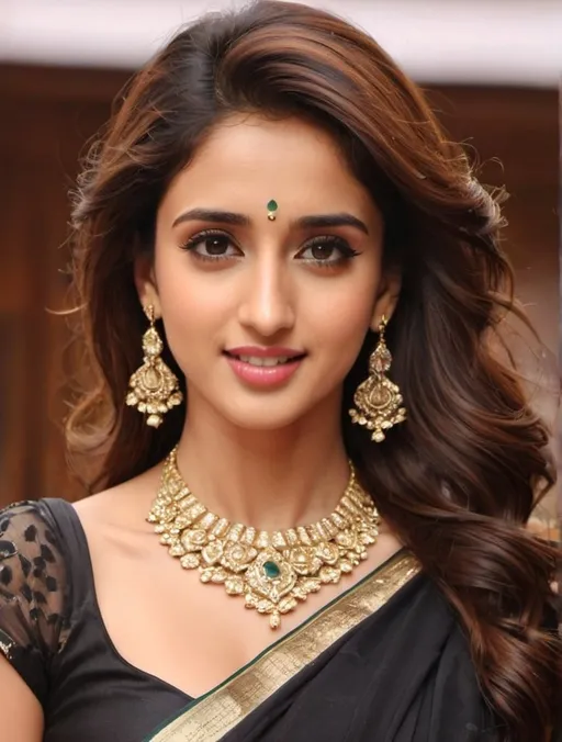 Prompt: Create a picture of disha patani wearing a black saree, jewelry, 