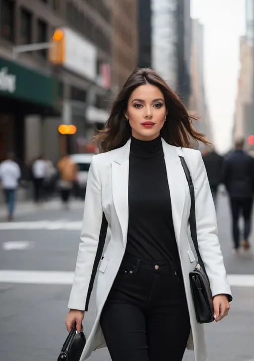 Prompt: Create a picture of lady wearing black, white jacket, walking at street of new York City, in morning. 