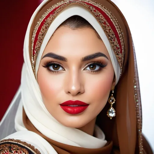 Prompt: Diamond face red lip brown hair  Muslim woman 