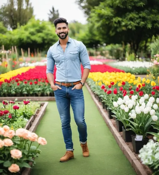 Prompt: A man standing flower garden, wearing a jeans and shirt pose to shoot. And holding a football. 