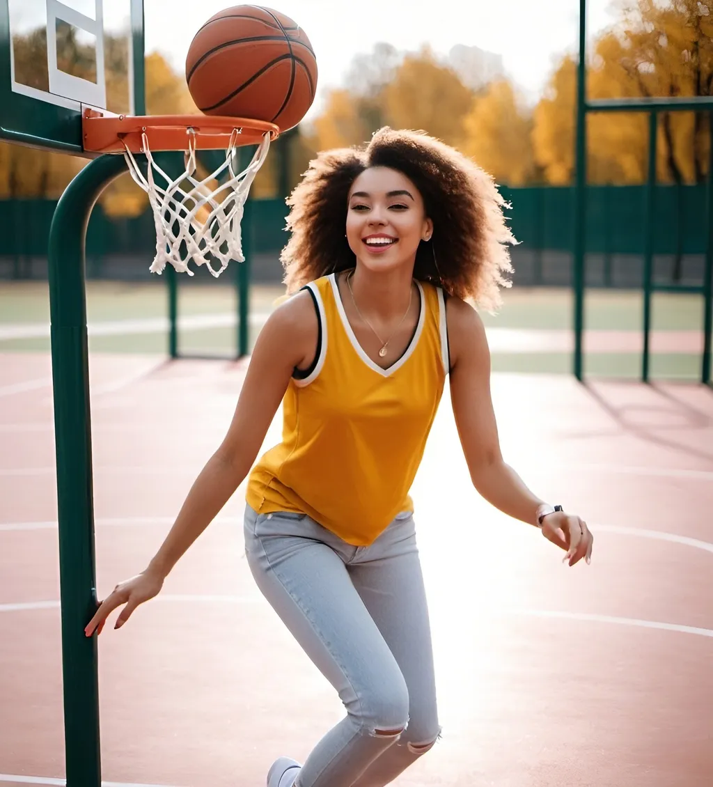 Prompt: A picture of  young woman playing basketball in the playground. 