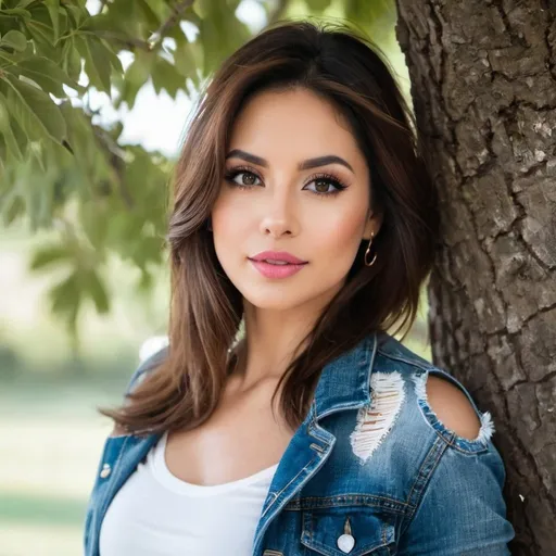 Prompt: Diamond face brown hair black eyes pinklips woman wearing jeans and standing beneath the tree. 