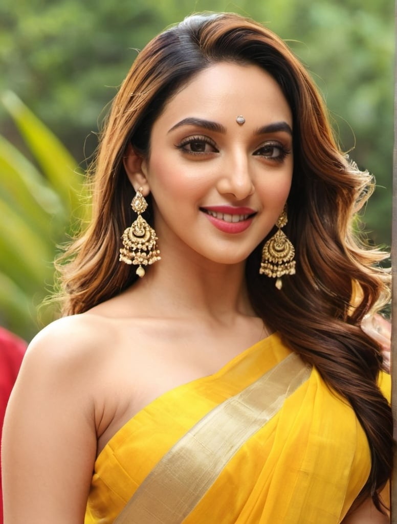 Prompt: Create a picture of kiara advani wearing a yellow saree, jewelry, 