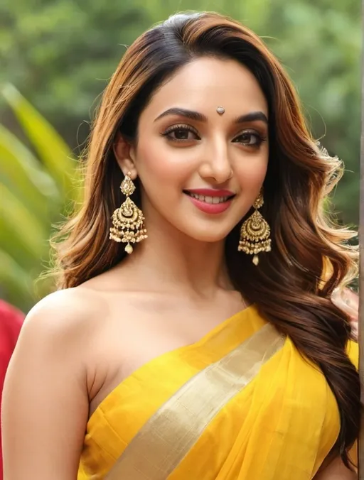 Prompt: Create a picture of kiara advani wearing a yellow saree, jewelry, 