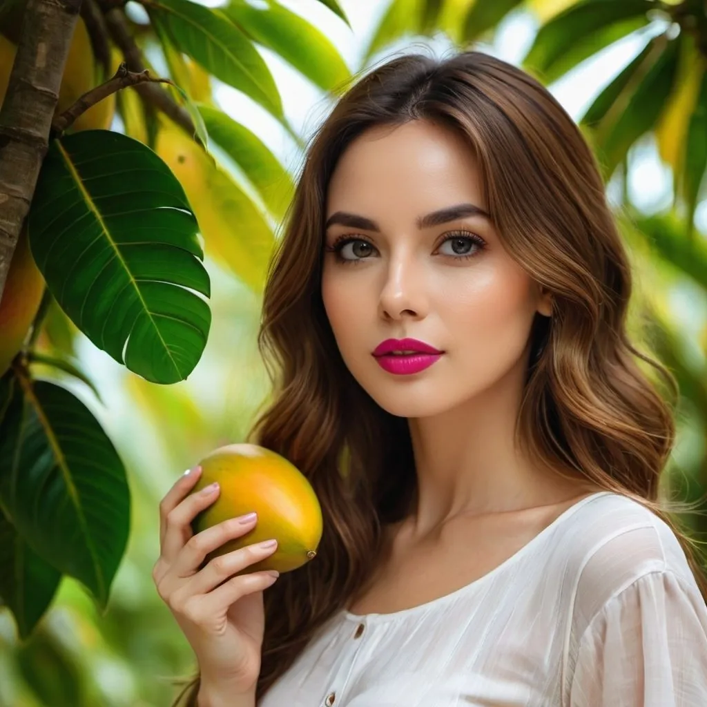 Prompt: 4k picture, woman standing beneath the mango tree, brown hair, black eyes, Pinklips, size portrait 880/1100