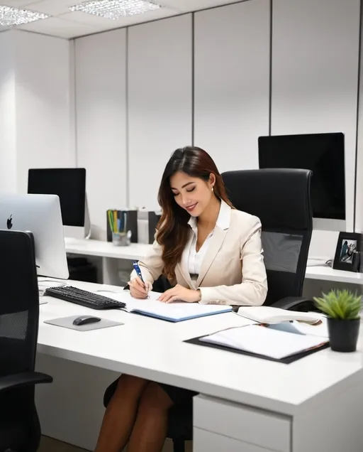 Prompt: A photo of woman work at the her office