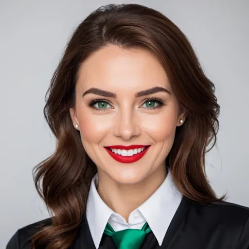 Prompt: A 4k portrait of woman wearing black shirt, tie, smile, redlips, brown hair, green eyes