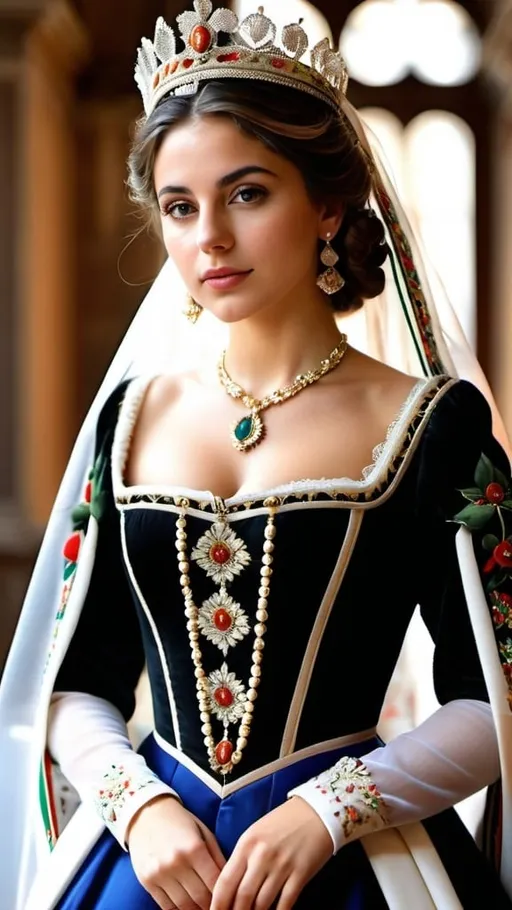 Prompt: Ultra realistic photography of  young Italian queen, wearing traditional costume,