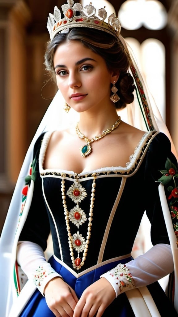 Prompt: Ultra realistic photography of  young Italian queen, wearing traditional costume,