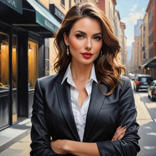 Prompt: Realistic modern woman, oil painting, stylish urban setting, sophisticated expression, professional attire, detailed features, high quality, realism, modern, urban, sophisticated, detailed, oil painting, professional attire, stylish, realistic lighting