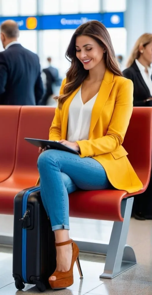 Prompt: créer une femme assise sur elle connectée à l'aéroport.