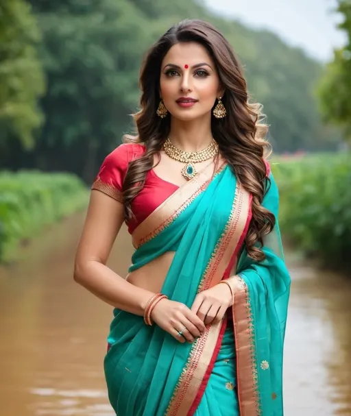 Prompt: A photo of European woman wearing Indian saree, standing up for shoot, flooding hair. 