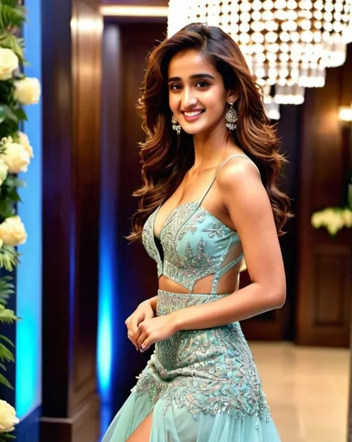 Prompt: A picture of disha patani, wearing a party dress. 