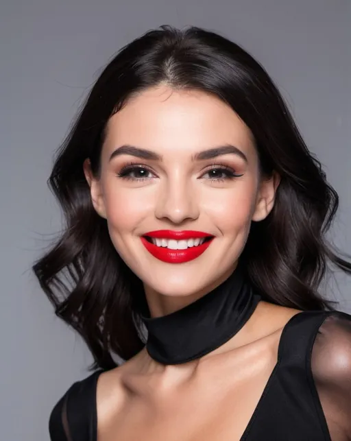 Prompt: Create a picture of model wearing black   dressed, smiles and lips red. 