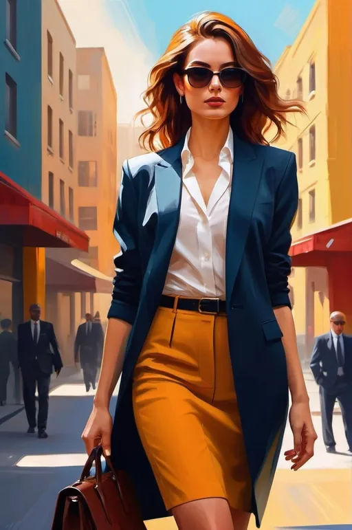 Prompt: Modern woman, digital painting, stylish urban setting, confident posture, sleek and sophisticated attire, professional demeanor, high quality, vibrant colors, contemporary art style, warm and natural lighting