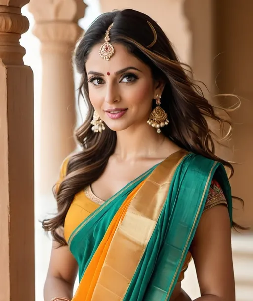 Prompt: A photo of European woman wearing Indian saree, standing up for shoot, flooding hair. 