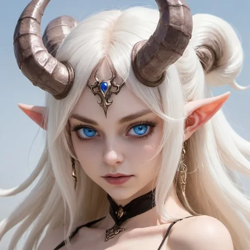 Prompt: a blue eyes succubus girls with horns and white gold hairs 