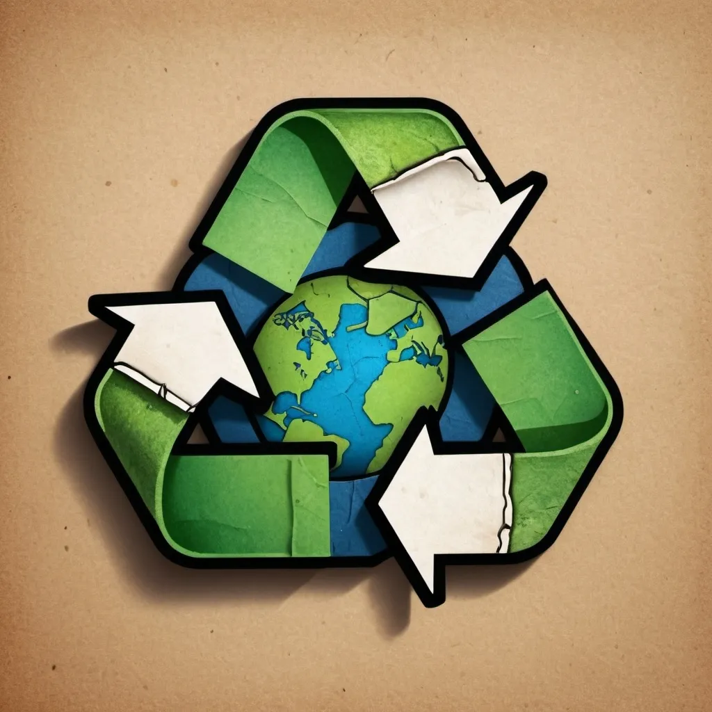 Prompt: Recycle logo, with texture made of "scrap" in a sort of cartoon style