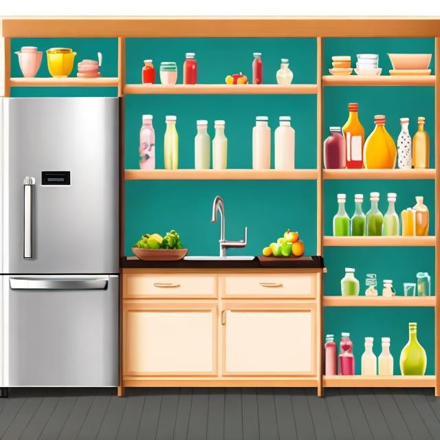 Prompt: a empty kitchen background, big refrigerator left side, shelf right side,  (carton)