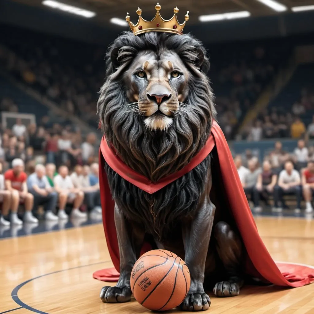 Prompt: create a majestic realistic black lion on a basketball court holding  a basketball wearing a cape and a crown
