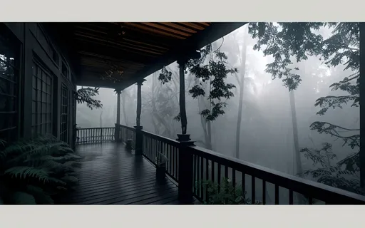 Prompt: A dimly lit wooden porch of a house, set against a backdrop of a dense, misty forest. The porch has a series of windows illuminated from within, casting a warm, golden glow. The wooden floor of the porch is wet, possibly from recent rain, and there are a few plants and ferns growing near the steps. The forest beyond is enveloped in a shade of grey blue due to cloudy skies and rainfall, with tall trees reaching upwards. The overall ambiance of the image is serene, mysterious, and slightly eerie.
