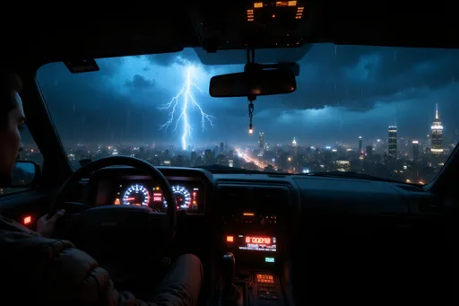 Prompt: the view of a beautiful moodly night skyline from the windscreen of a delorean, driving in the rain. The intricate switches and lights of the car are visibile on the dashboard. The speedometer is digital and reads 88mph..there are flashes of lightning outside