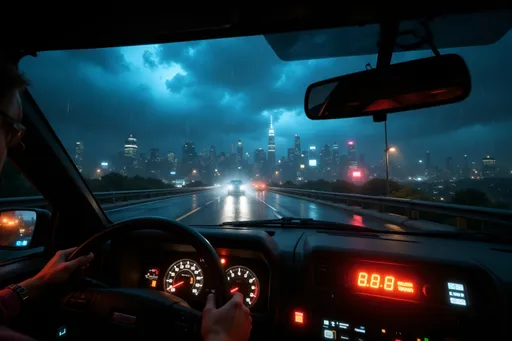 Prompt: (moody night skyline) view, through a (windscreen) of a DeLorean, (fast-moving highway), (rainy) atmosphere,  visible switches and lights, driver not visibile, prominent orange digital speedometer displaying "88mph", cinematic depth, dramatic reflections on the windshield, vibrant colors contrasted with dark night sky, ultra-detailed, high-quality, immersive ambiance.