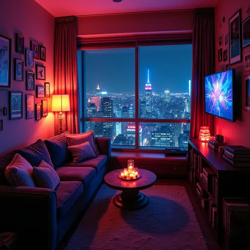 Prompt:   A cozy, dimly lit room with neon lights and vibrant hues. The room is adorned with various items, including a plush sofa, a round table with candles, and a plethora of books. Above the table hangs a television displaying a colorful screen. The walls are decorated with numerous posters and artworks. The room overlooks a bustling cityscape at night, with skyscrapers illuminated by neon signs. The ambiance is both relaxing and intriguing, blending the comforts of home with the vibrancy of urban life.