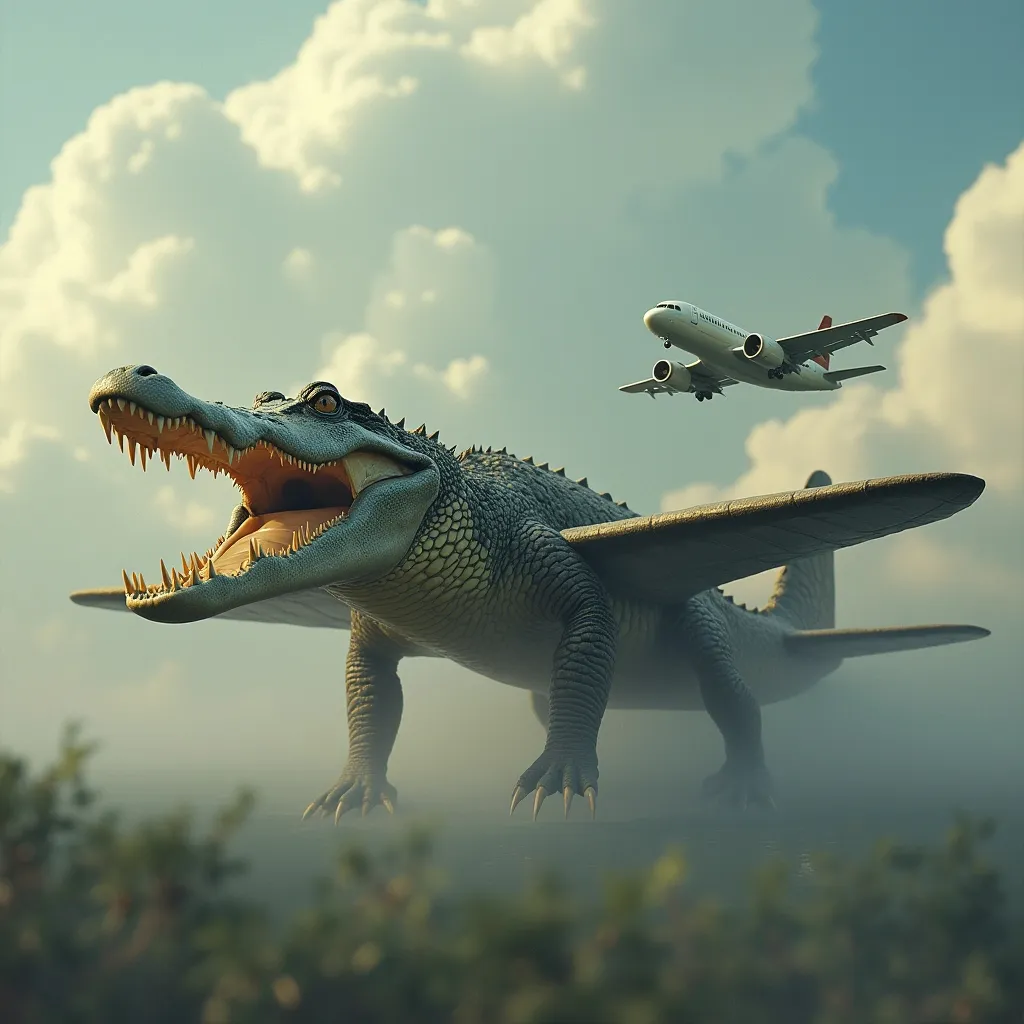 Prompt: crocodile fused with plane 

