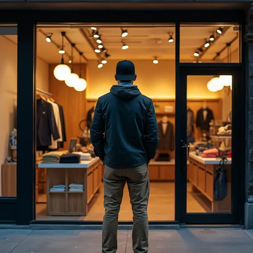 Prompt: The camera is positioned behind a man standing Infront of a retail store outside wearing long pants and a jacket and ball cap hat that is black. The retail store takes up the size of the image. The front of the stores features a window to the left and a door for entering to the right. The time of day is sunset. The store has wood fixtures inside with white tops. There are round pendant lights hanging from the ceiling on the inside that have a warm fluorescent tone to them and shine through the window. The inside is neatly organized with apparel products folded on tables and shelves.