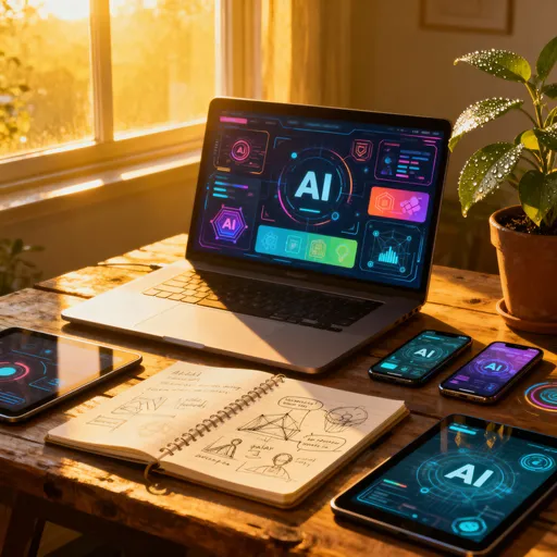 Prompt: A vibrant scene depicting a cozy, sunlit workspace filled with an array of free AI tools scattered across a rustic wooden desk. The golden rays of morning light filter through a nearby window, casting a warm glow on an open laptop displaying a colorful interface featuring various AI applications. Beside it, a notepad brimming with sketches and notes pulses with creativity, while an assortment of digital devices—tablets, smartphones—showcase different AI functionalities. A potted plant adds a touch of nature, its leaves glistening with dew. The atmosphere is one of inspiration and innovation, invoking a sense of limitless possibilities in the world of AI. This piece evokes a contemporary, digital art style, blending smooth lines and bold colors with slight textures to reflect the dynamic nature of technology.