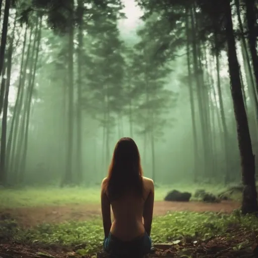 Prompt: alone women and her mind at forest photo