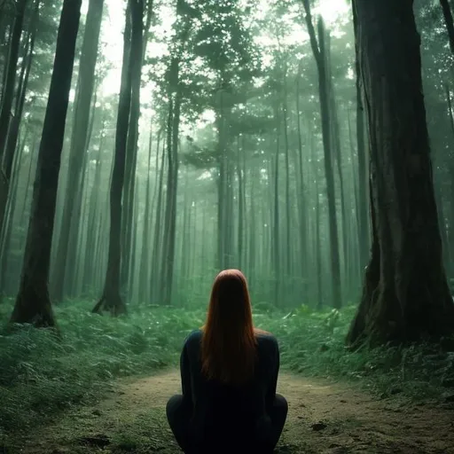 Prompt: alone women and her mind at forest photo
