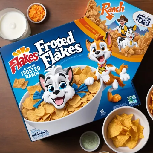 Prompt: A box of new, animated Frosted Flakes Ranch and Nachos cereal