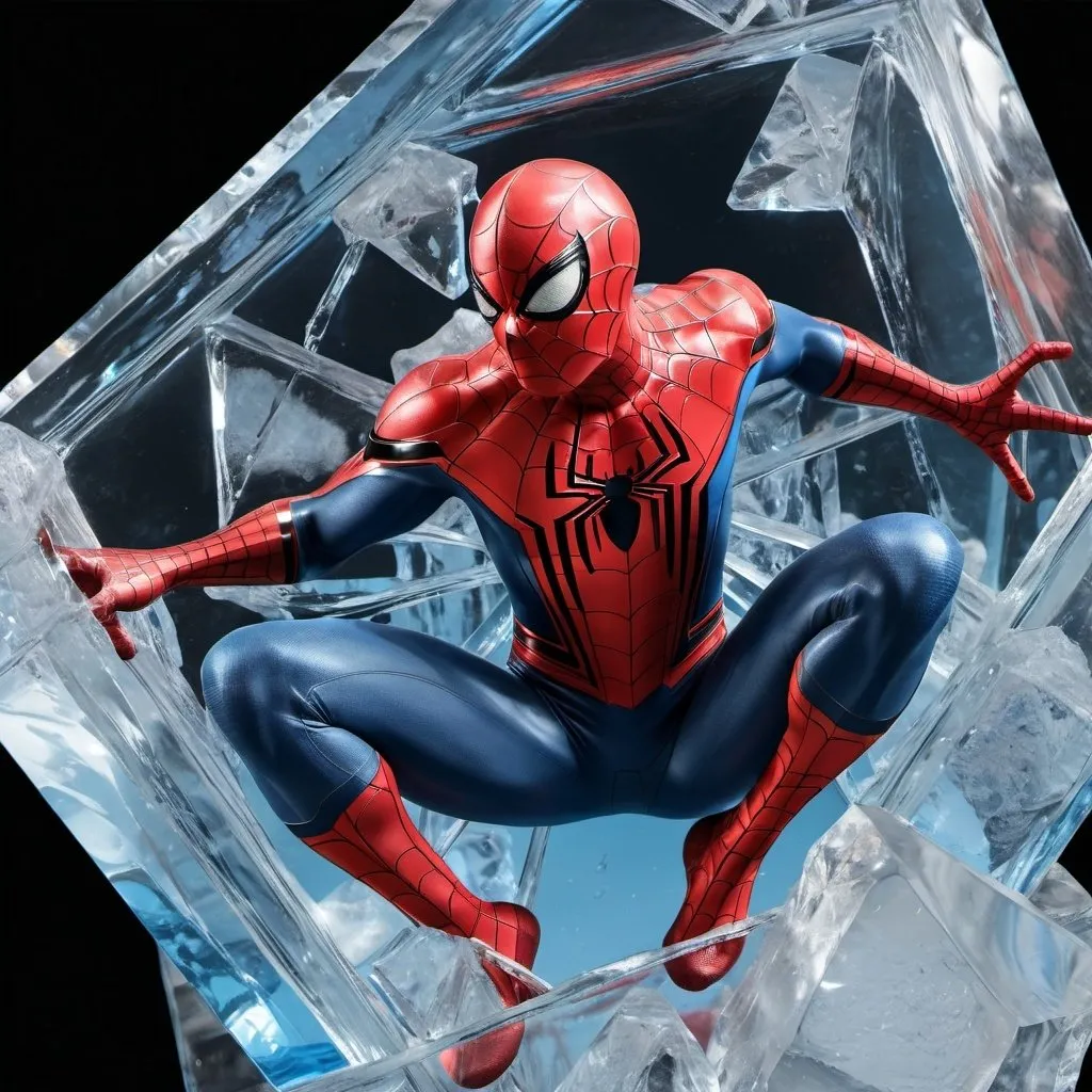 Prompt: “Generate an image of Spider-Man encased in block of ice, with his iconic red and blue suit visible through the crystal-clear ice