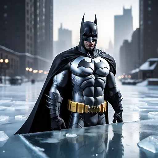 Prompt: Generate a visual of Batman frozen in block of ice, his cape and cowl partially visible through the frosty surface, with Gotham City in the background.”