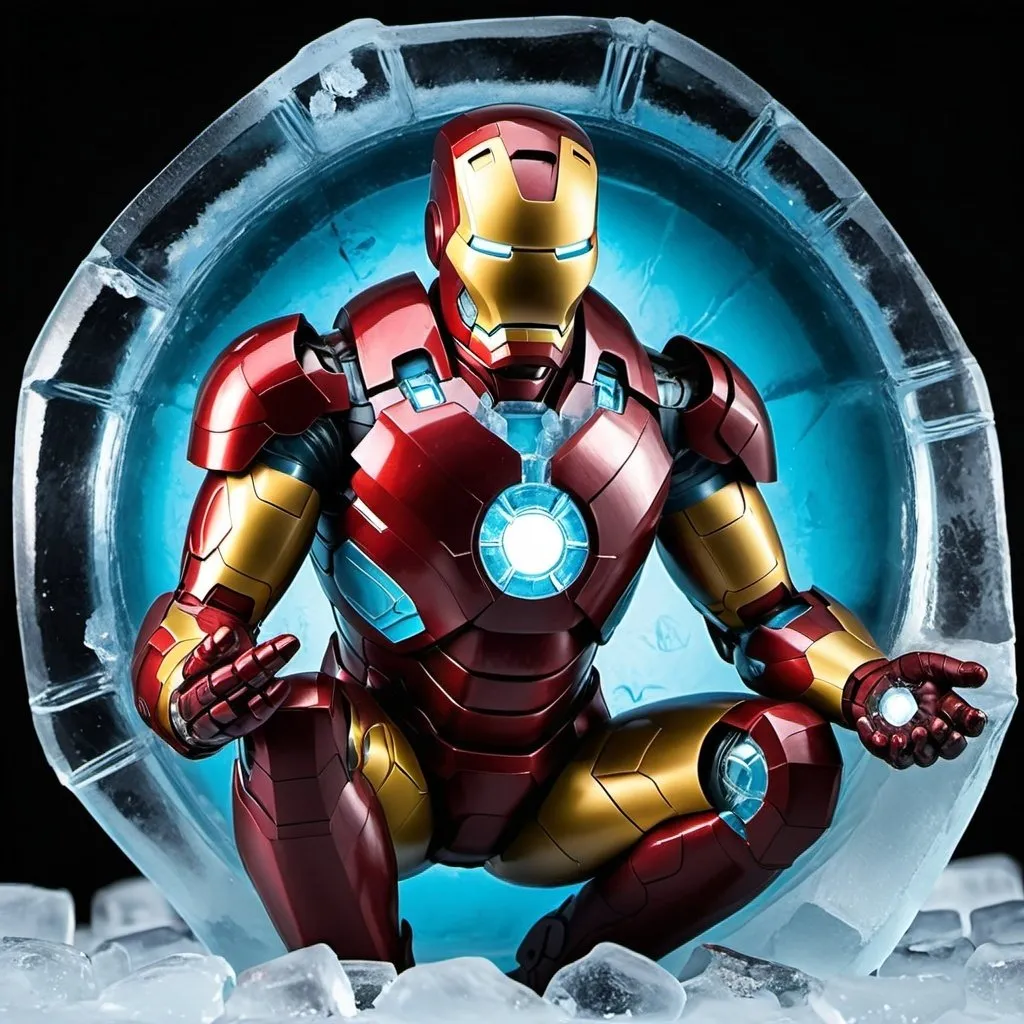 Prompt: Produce an image of Iron Man frozen in ice, with his glowing arc reactor and armor encased in transparent ice, giving a sense of dramatic pause