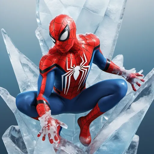 Prompt: Generate an image of Spider-Man frozen in ice, with his iconic red and blue suit visible through the crystal-clear ice, surrounded by frosty mist.