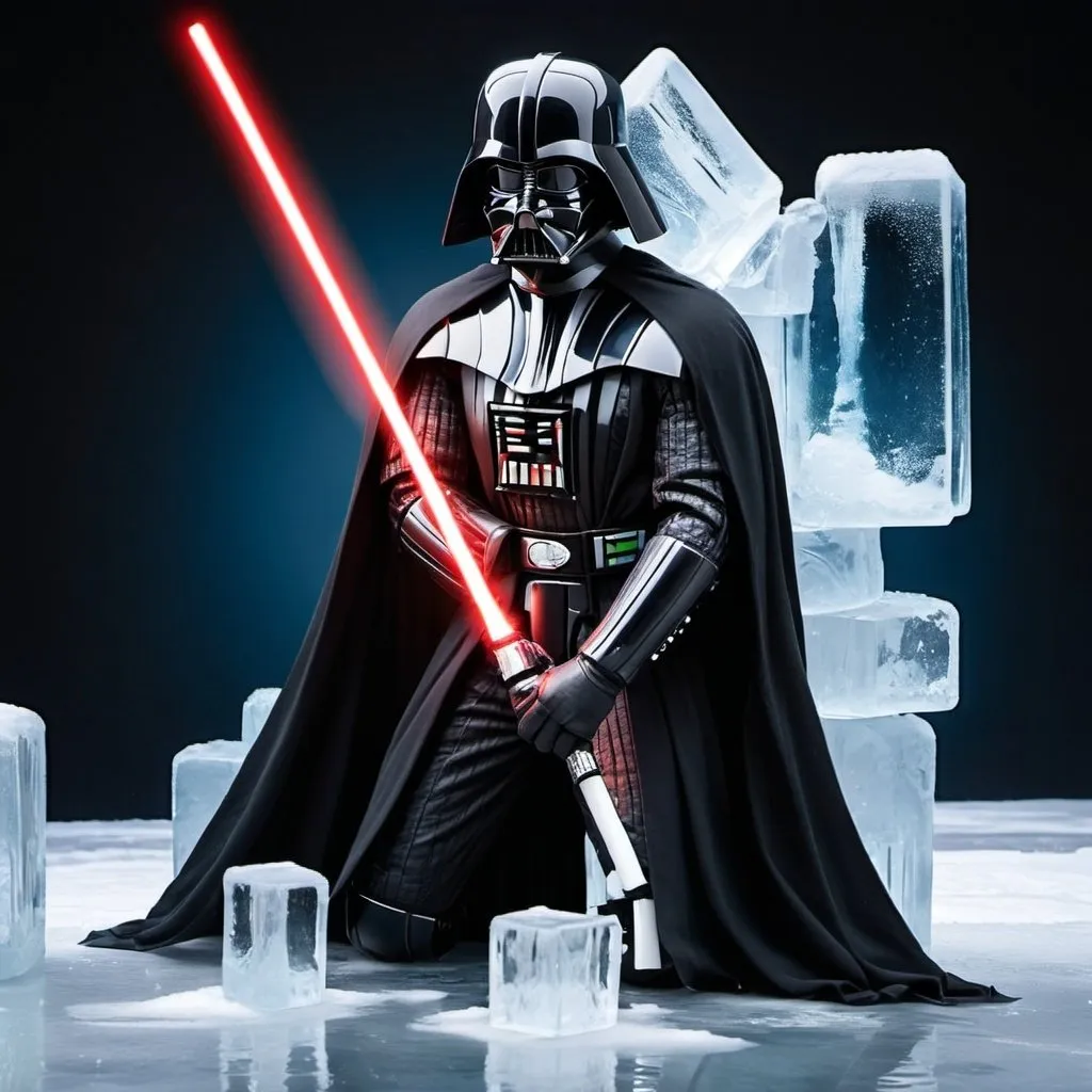 Prompt: Generate a picture of Darth Vader frozen in block of ice, his lightsaber frozen mid-swing,