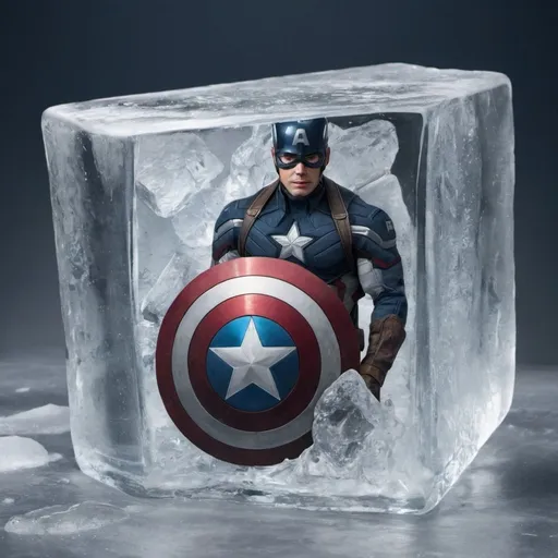 Prompt: Captain America frozen in block of ice.