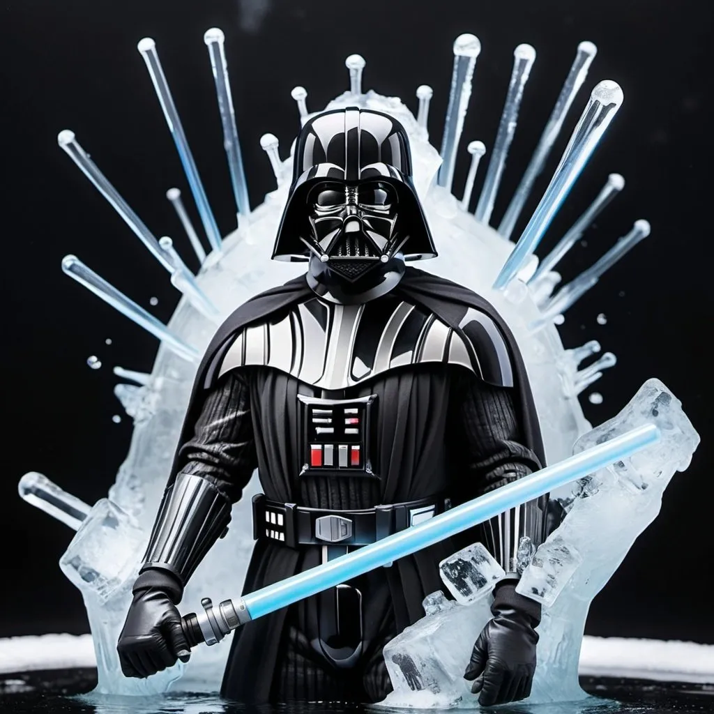 Prompt: Generate a picture of Darth Vader frozen in ice, his lightsaber frozen mid-swing, and his helmet and breathing apparatus visible through the ice.