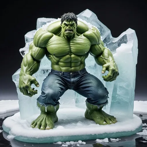 Prompt: Produce a visual of The Hulk frozen in ice, his immense green muscles and tattered pants encased in thick, impenetrable ice