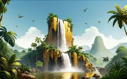 Prompt: El Dorado (golden city), high quality, jungle landscape with waterfalls