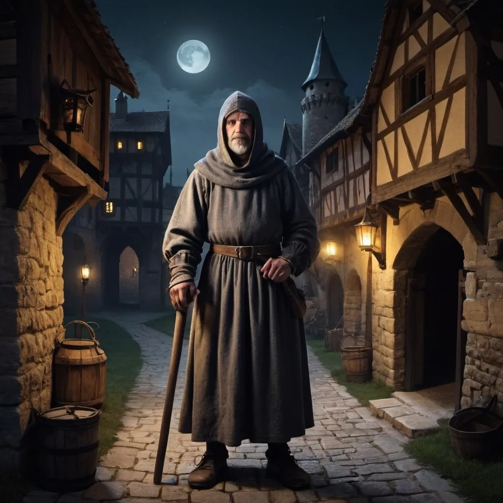 Prompt: Old nightguard in the Middle Ages, in the night