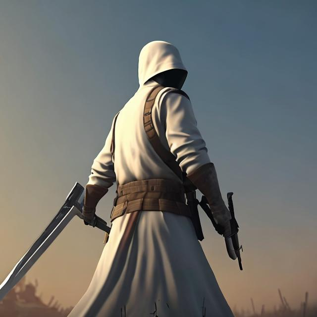 Prompt: A masked man coming from a distance with a sword in a simple white dress with his back to the sun in World War