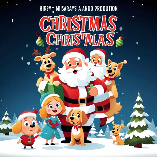 Prompt: Based on the provided reference image, create a vibrant and colorful promotional poster for a Christmas musical theater production in a 2D cartoon style reminiscent of 2000s animation. Keep the focus on three central characters: Santa Claus, a mischievous little girl, and a playful golden retriever. Santa Claus should stand in the center, wearing his classic red suit and holding a large sack filled with colorful gifts slung over his shoulder. Beside him, include the little girl, smiling playfully, dressed in a festive outfit, and the golden retriever, sitting happily at Santa's feet with a festive red collar. Use a minimalistic yet festive background with soft holiday colors, subtle snowflakes, and glowing accents to enhance the joyful atmosphere while keeping the focus on the characters. The style should be family-friendly and commercially appealing