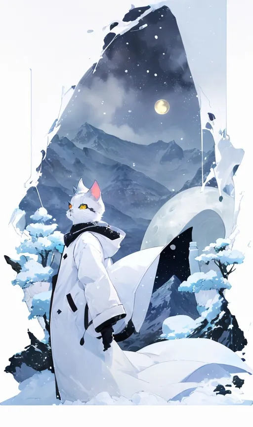 Prompt: A antropohmorfic cat looking at the moon backwards, wearing a large white coat, snowing mountain.