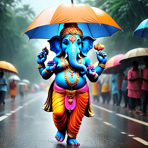 Prompt: Ganapathi realistic Lord Ganesh walk in road like human and lord Ganesha hand like human, one hand holded in colour full umbrella and rain fall in the sky weather is very beautiful