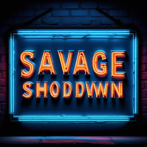 Prompt: (accurately spelled text "SAVAGE SHOWDOWN"), neon sign, blue gritty letters, (urban style), glowing effect, dark and moody background, dramatic urban atmosphere, retro feel, high contrast lighting, alluring neon colors, (highly detailed), modern aesthetic, striking visual impact, electric energy, capturing vibrant nightlife essence.